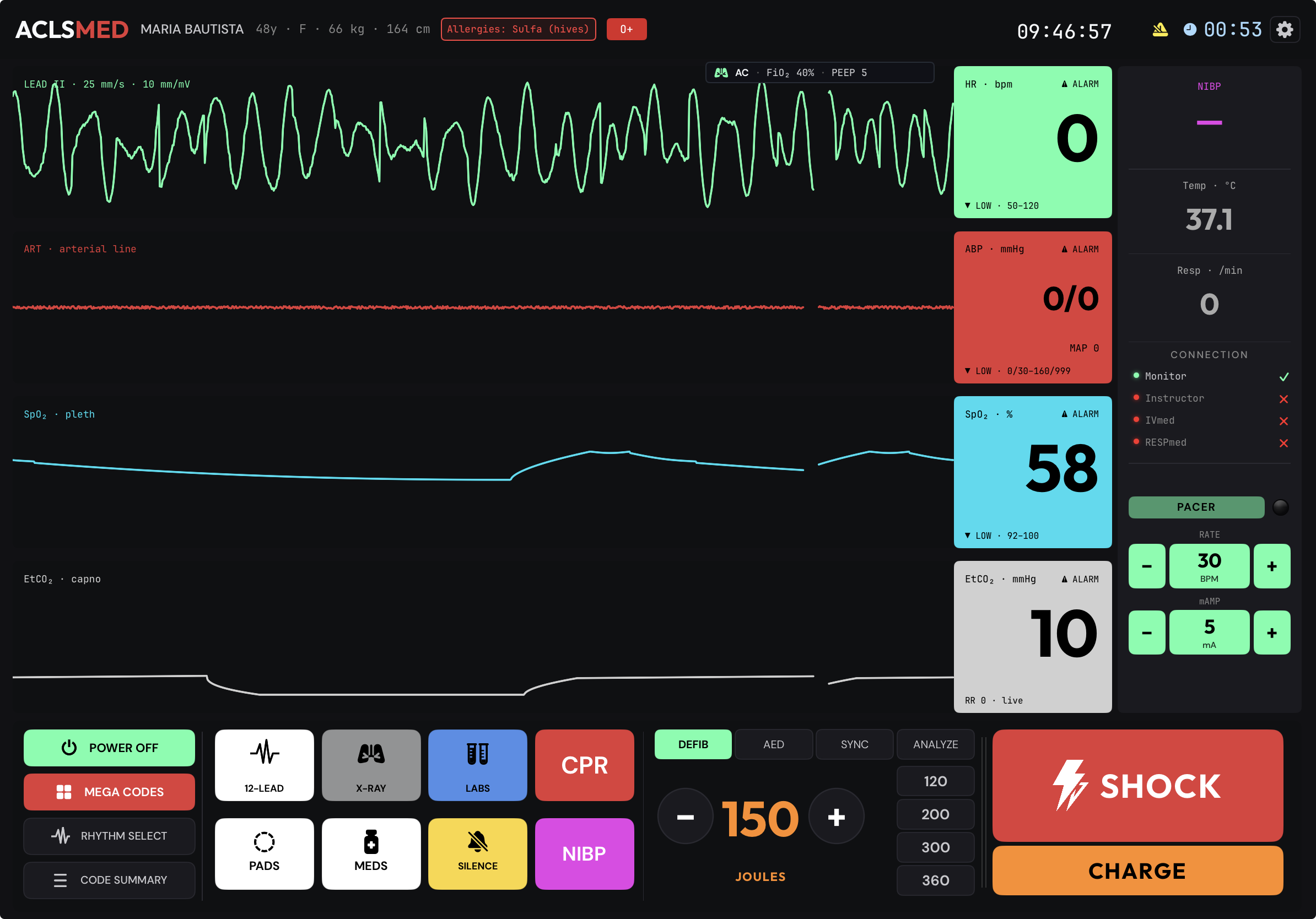 STEMI — Anterior (LAD) — ACLSmed monitor view with deteriorating rhythm, HR 0, BP 0/0, SpO₂ 58, EtCO₂ 10