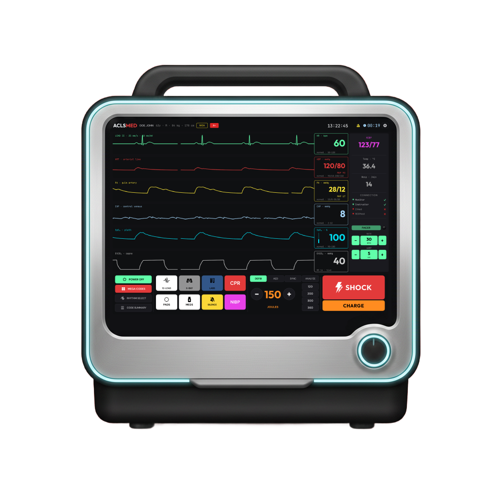 ACLSMED portable defibrillator monitor with live ECG waveforms, vitals, and shock controls