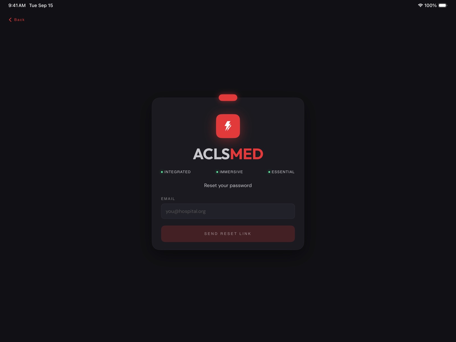 ACLSMED SIM reset-your-password card with an EMAIL field and SEND RESET LINK button