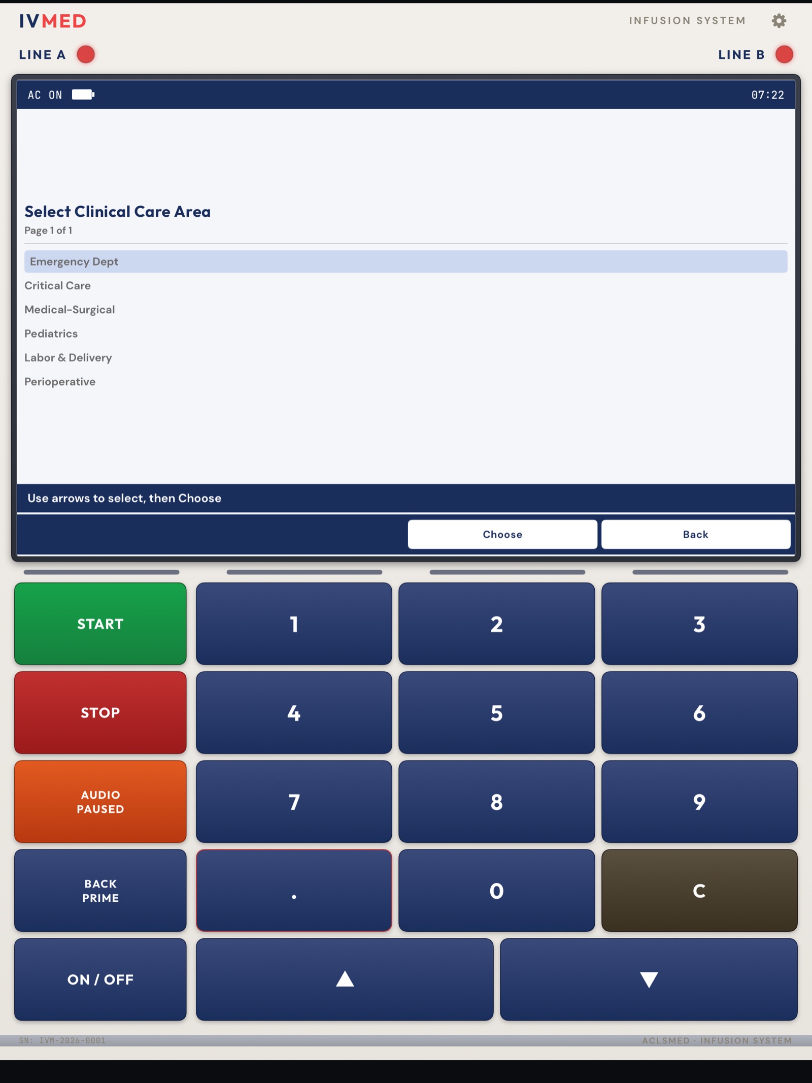 ACLSMED IVmed LCD on the Select Clinical Care Area page