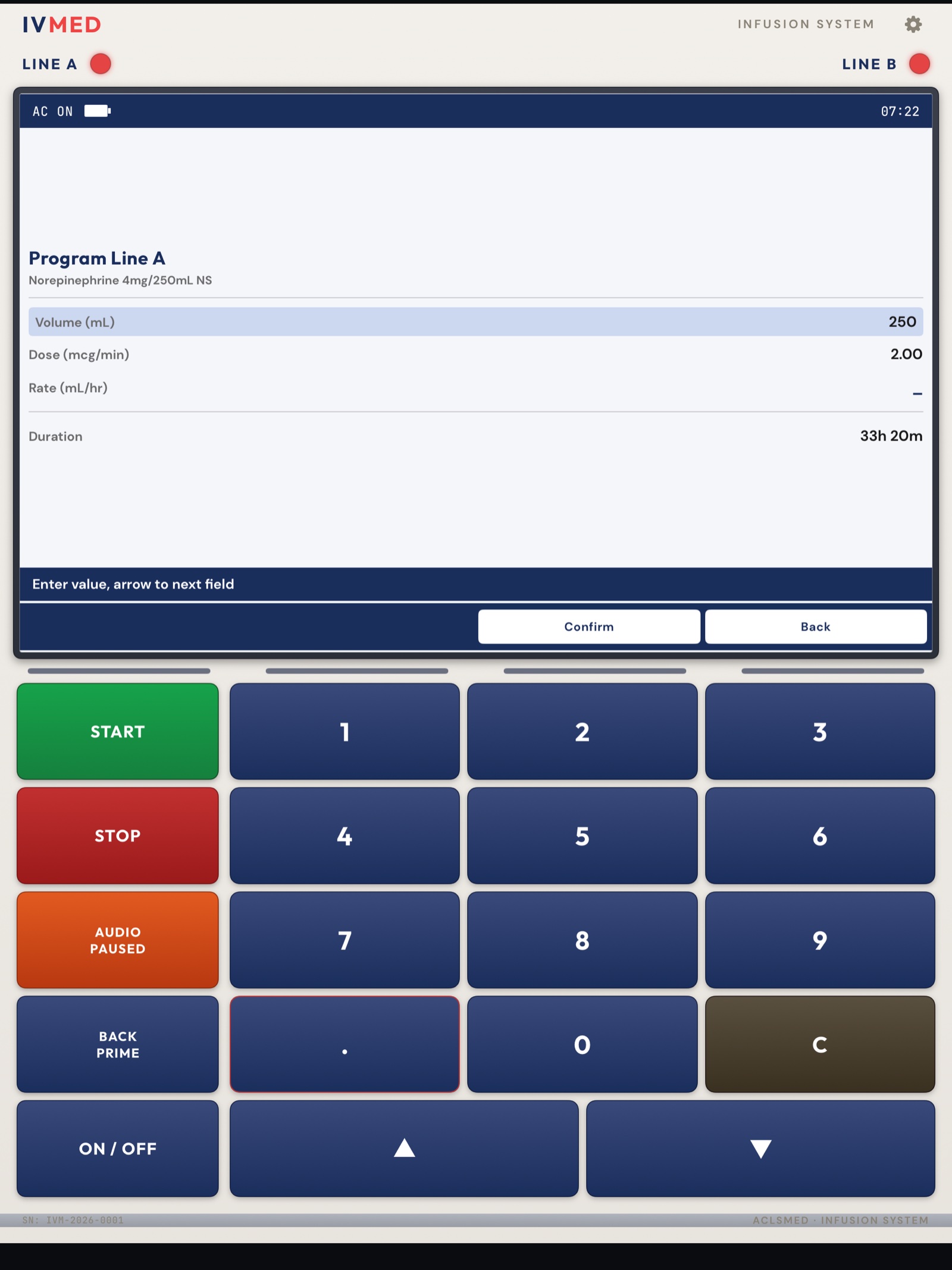 ACLSMED IVmed LCD on the Program Line A page: Rate, Volume, Dose and Weight fields with a drug selected