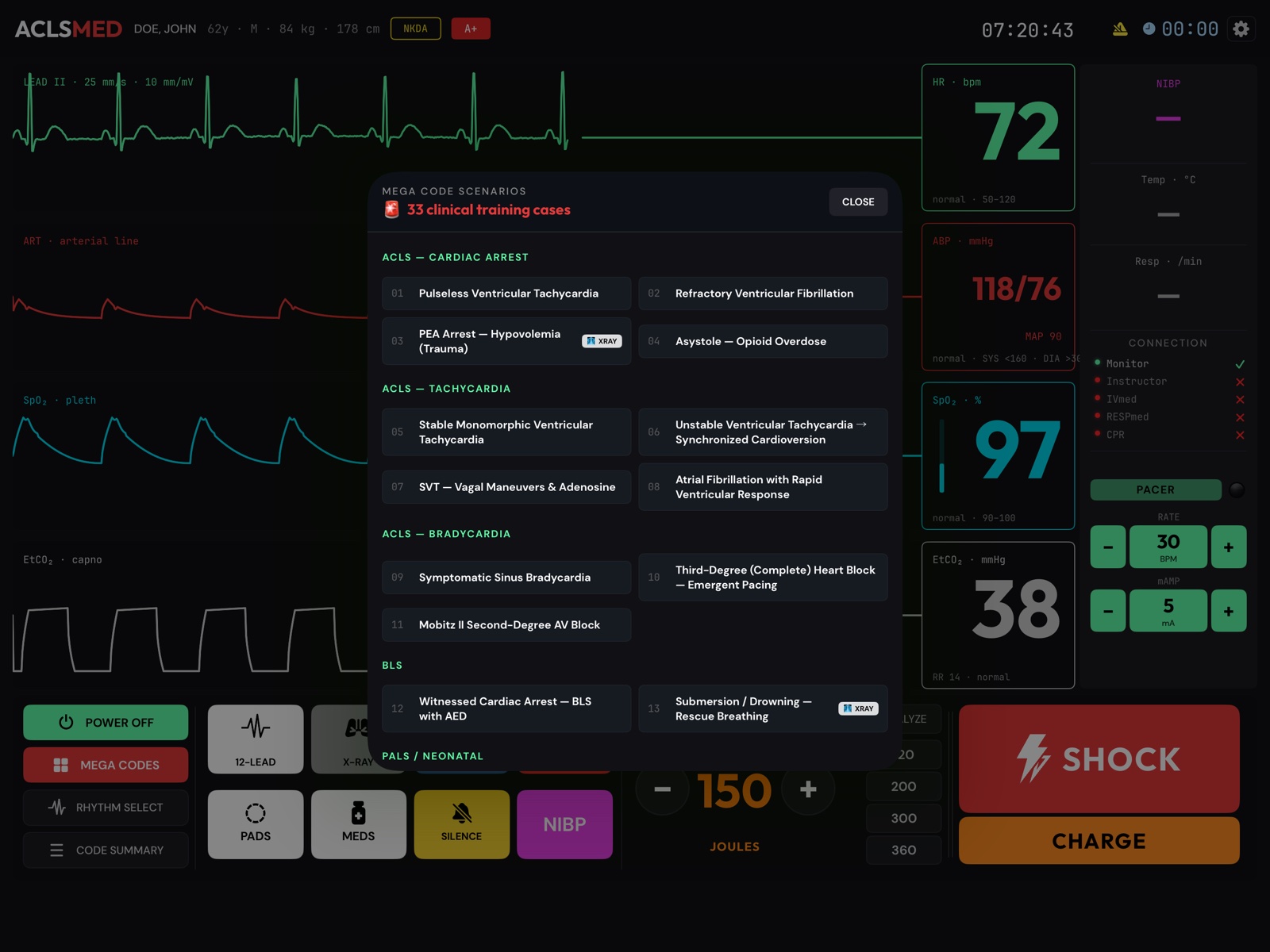 ACLSMED Monitor MEGA CODE SCENARIOS picker: 33 clinical training cases