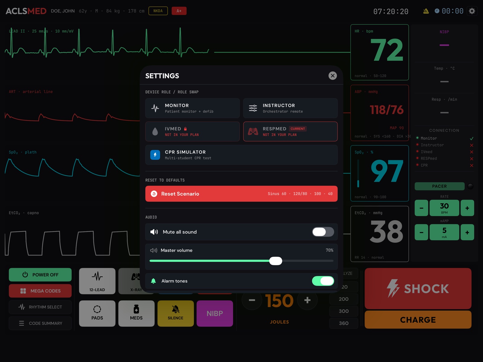 ACLSMED Monitor SETTINGS sheet: device role, reset to defaults, audio switches, device shell, units, connections, account