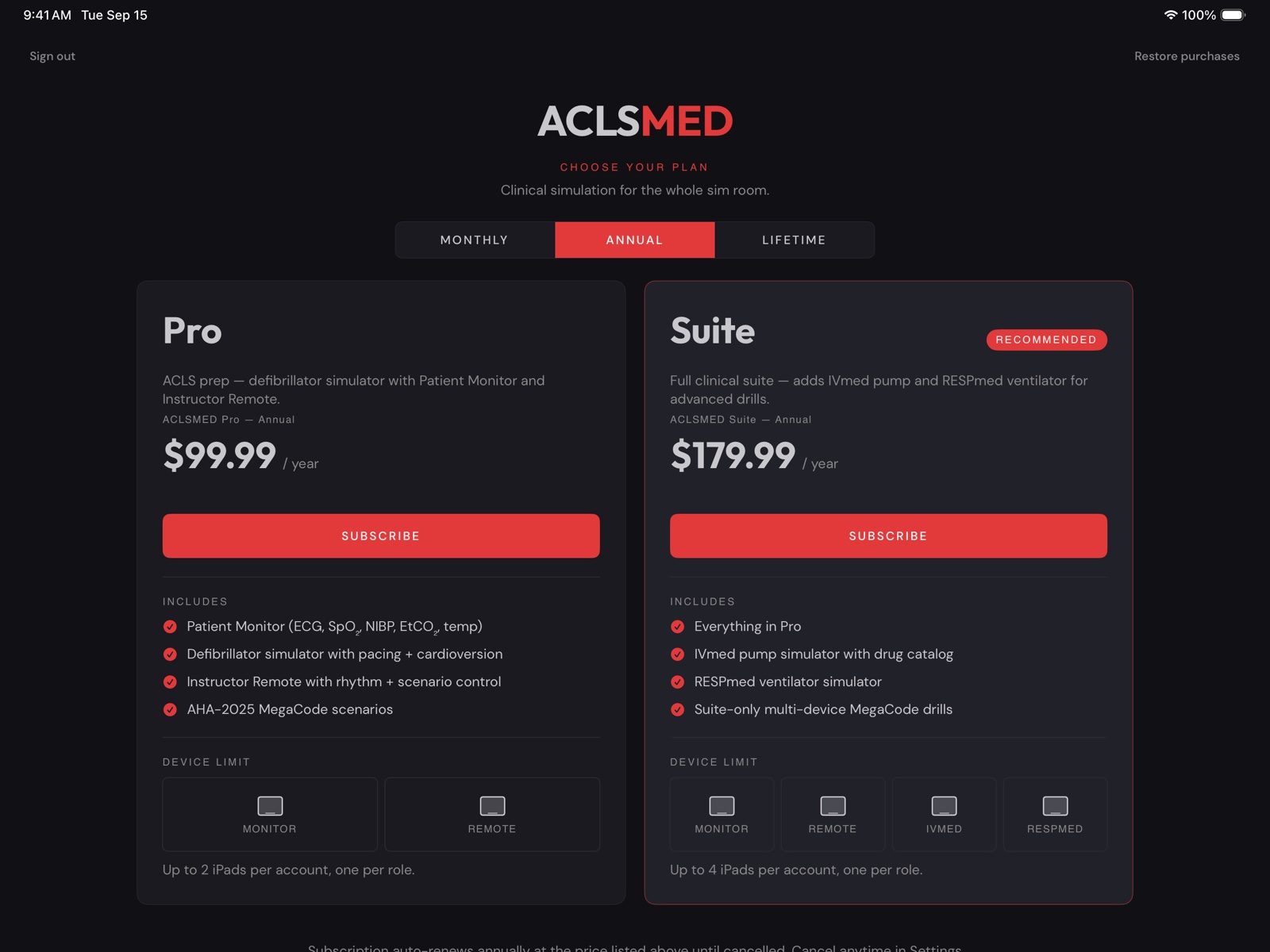 ACLSMED SIM CHOOSE YOUR PLAN screen: Monthly / Annual / Lifetime selector above the Pro and Clinical Suite columns