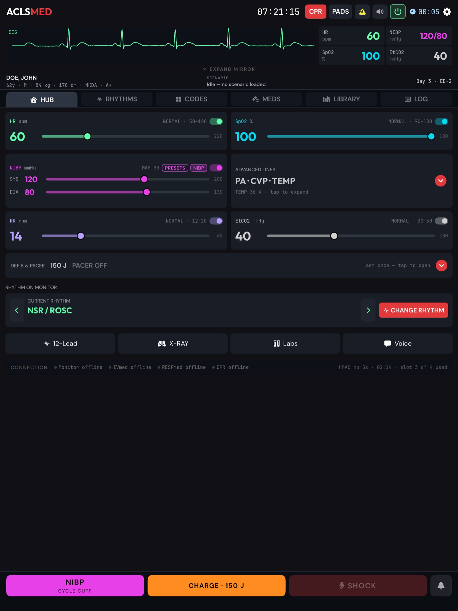 ACLSMED Instructor Remote HUB in portrait: top bar, monitor mirror, tabs, vitals sliders, rhythm row, quick actions, connection strip and the action dock