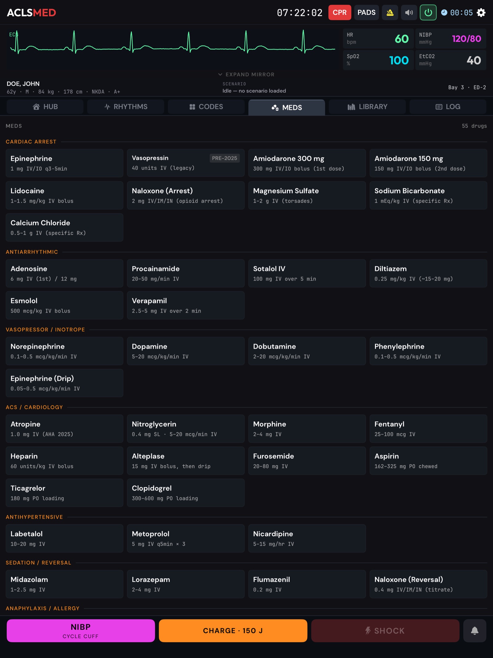 ACLSMED Instructor Remote MEDS tab: 54 drugs by category with doses and routes