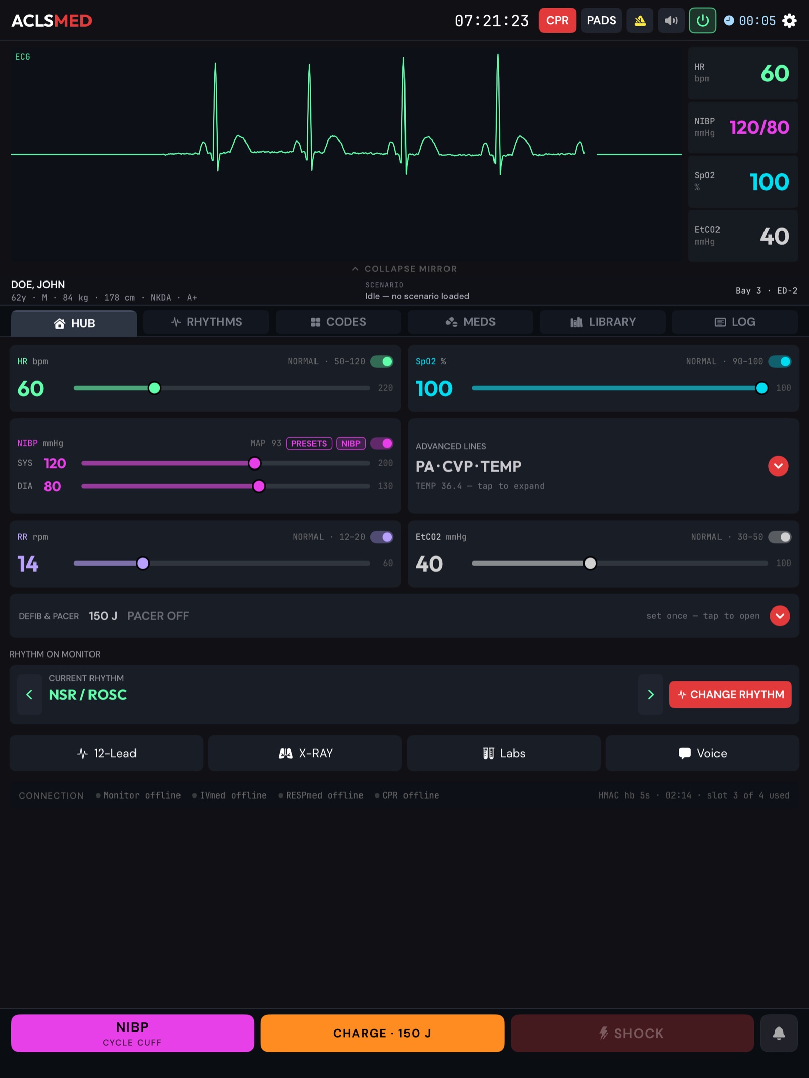 ACLSMED Instructor Remote with the Monitor mirror expanded: mini ECG and pressure traces and large HR, ABP, SpO2 and EtCO2 tiles