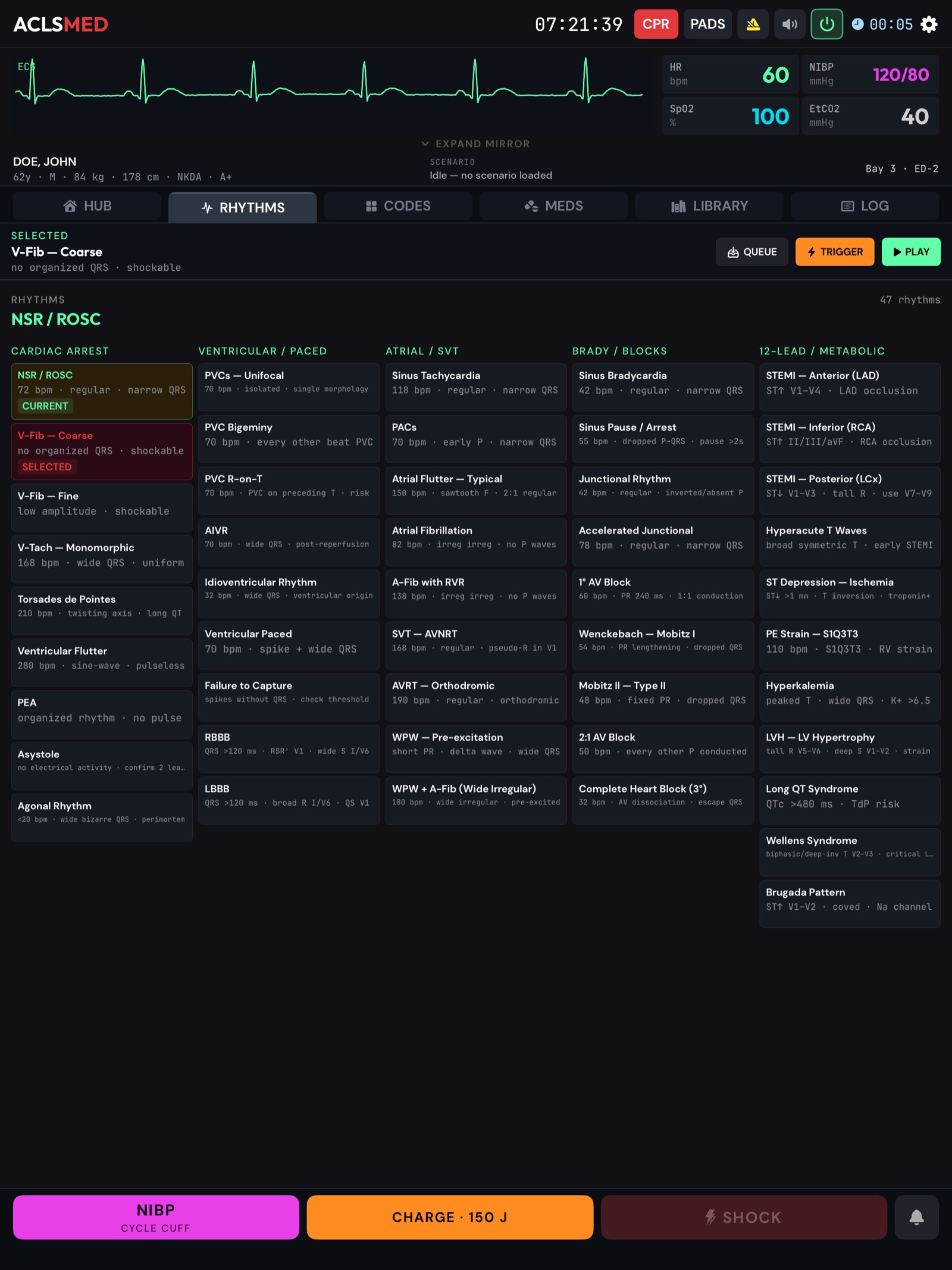 ACLSMED Instructor Remote RHYTHMS tab: the catalog grid with CURRENT and SELECTED badges and the rhythm state bar