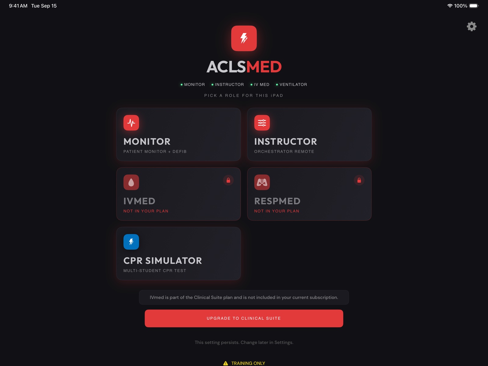 ACLSMED SIM role picker on a Pro account: IVmed and RESPmed tiles carry a lock and read NOT IN YOUR PLAN; the IVmed notice and UPGRADE TO CLINICAL SUITE button are showing