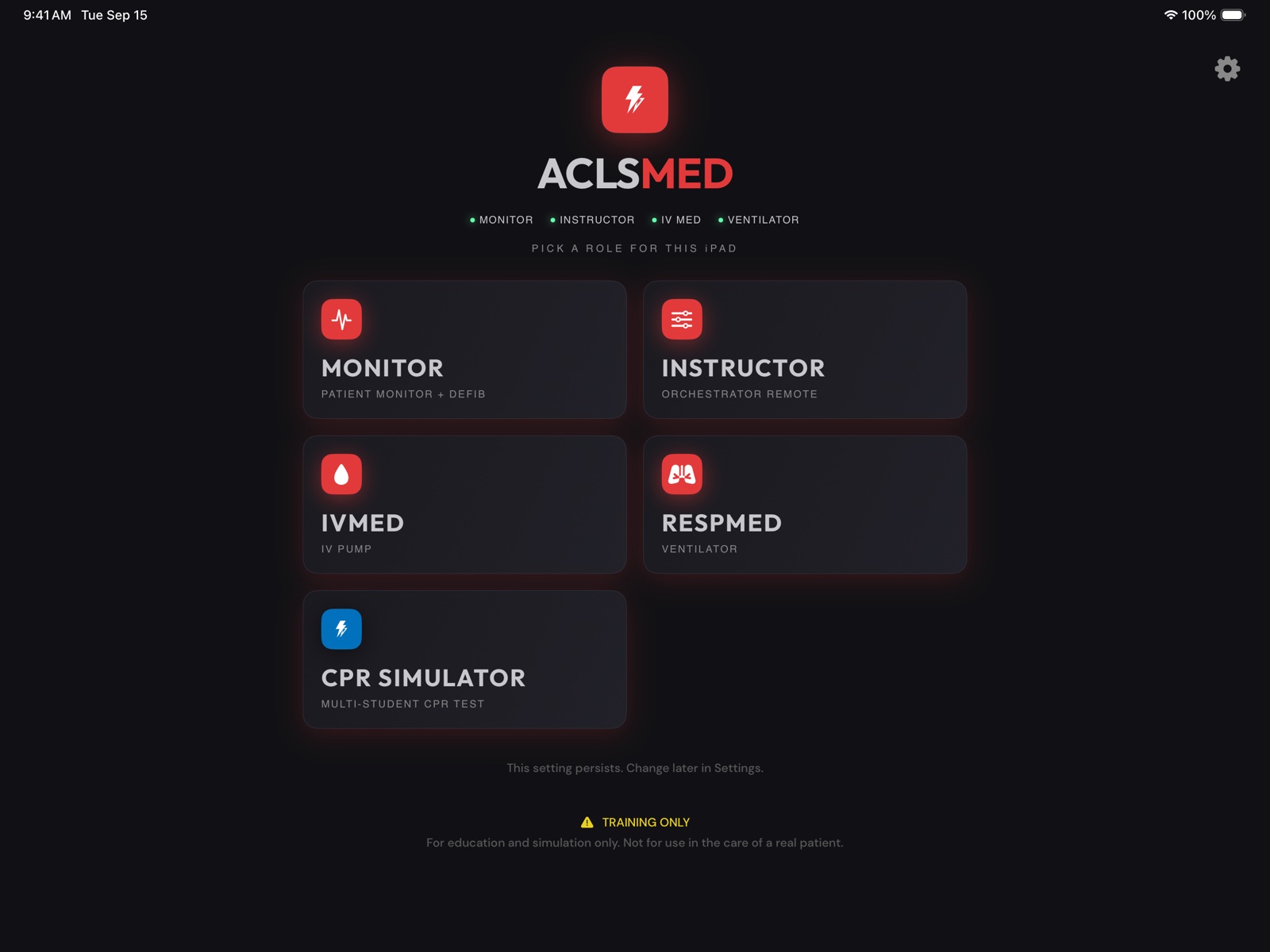 ACLSMED SIM role picker on a Clinical Suite account: Monitor, Instructor, IVmed, RESPmed and CPR Simulator tiles