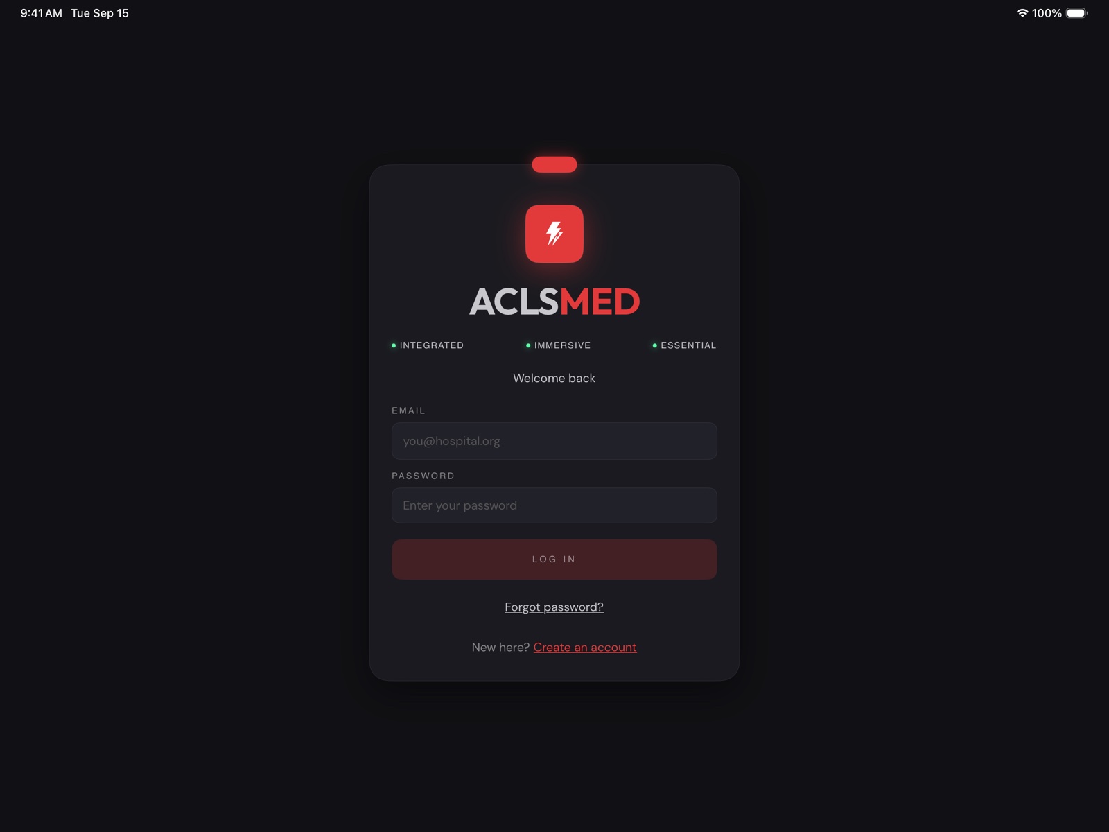 ACLSMED SIM sign-in card with EMAIL and PASSWORD fields, LOG IN, Forgot password? and Create an account links