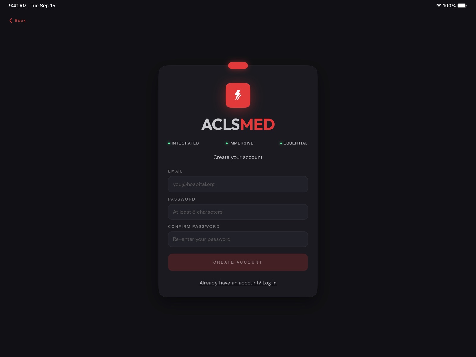 ACLSMED SIM create-account screen: EMAIL, PASSWORD, CONFIRM PASSWORD and the CREATE ACCOUNT button