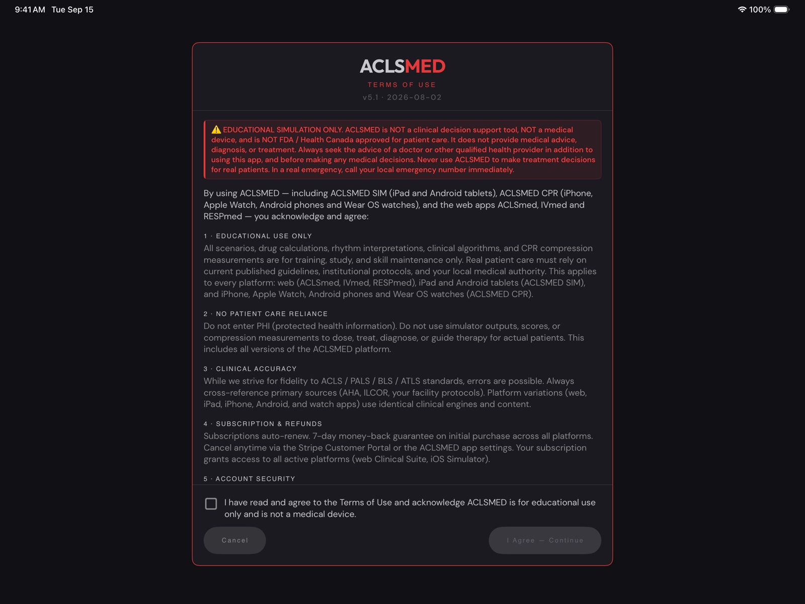 ACLSMED SIM Terms of Use gate with the agreement checkbox, Cancel and I Agree — Continue buttons