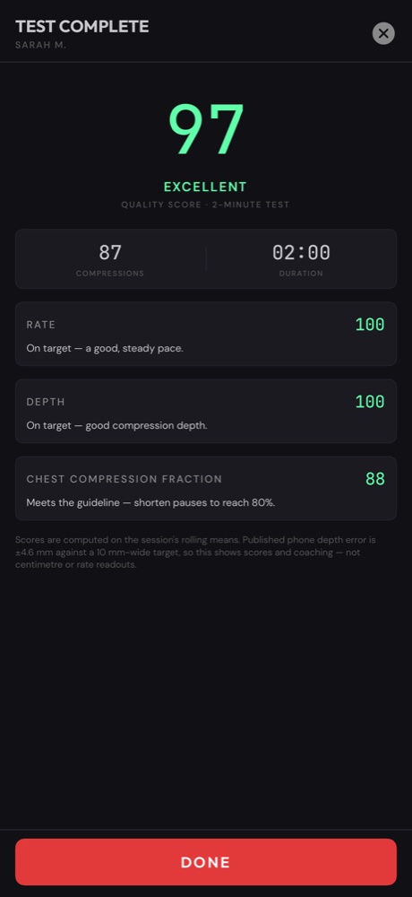 ACLSMED™ CPR test complete on iPhone