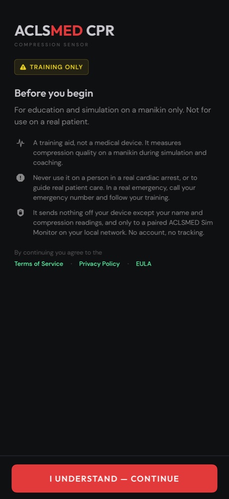 ACLSMED&trade; CPR training-only acknowledgement on iPhone