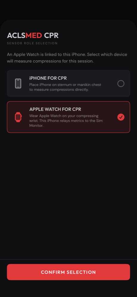 ACLSMED CPR sensor role picker on iPhone, with Apple Watch selected