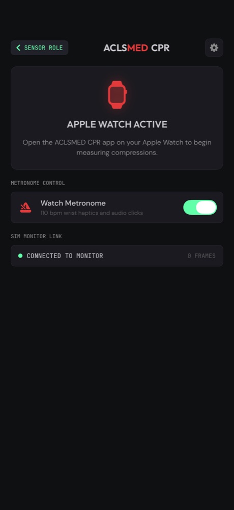 ACLSMED CPR watch relay screen on iPhone showing Apple Watch Active and the Sim Monitor link