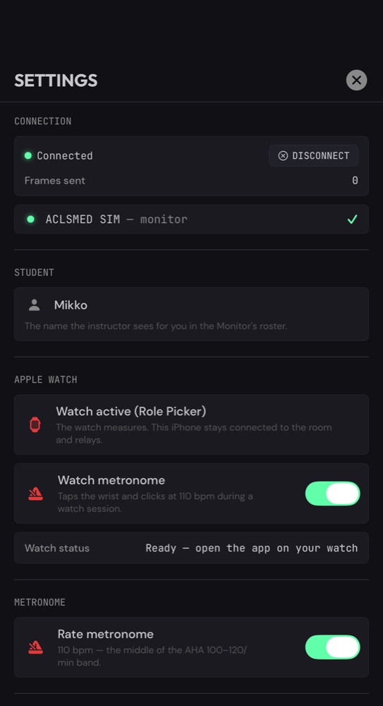 ACLSMED CPR settings on iPhone showing the Connection, Student and Apple Watch sections