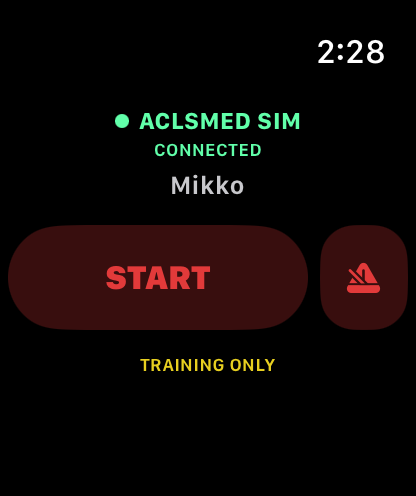 ACLSMED CPR on Apple Watch — idle screen showing ACLSMED SIM connected, the student name, START and the metronome toggle