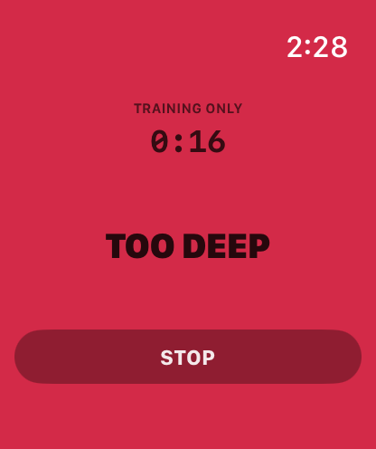 Apple Watch showing TOO DEEP on a red screen