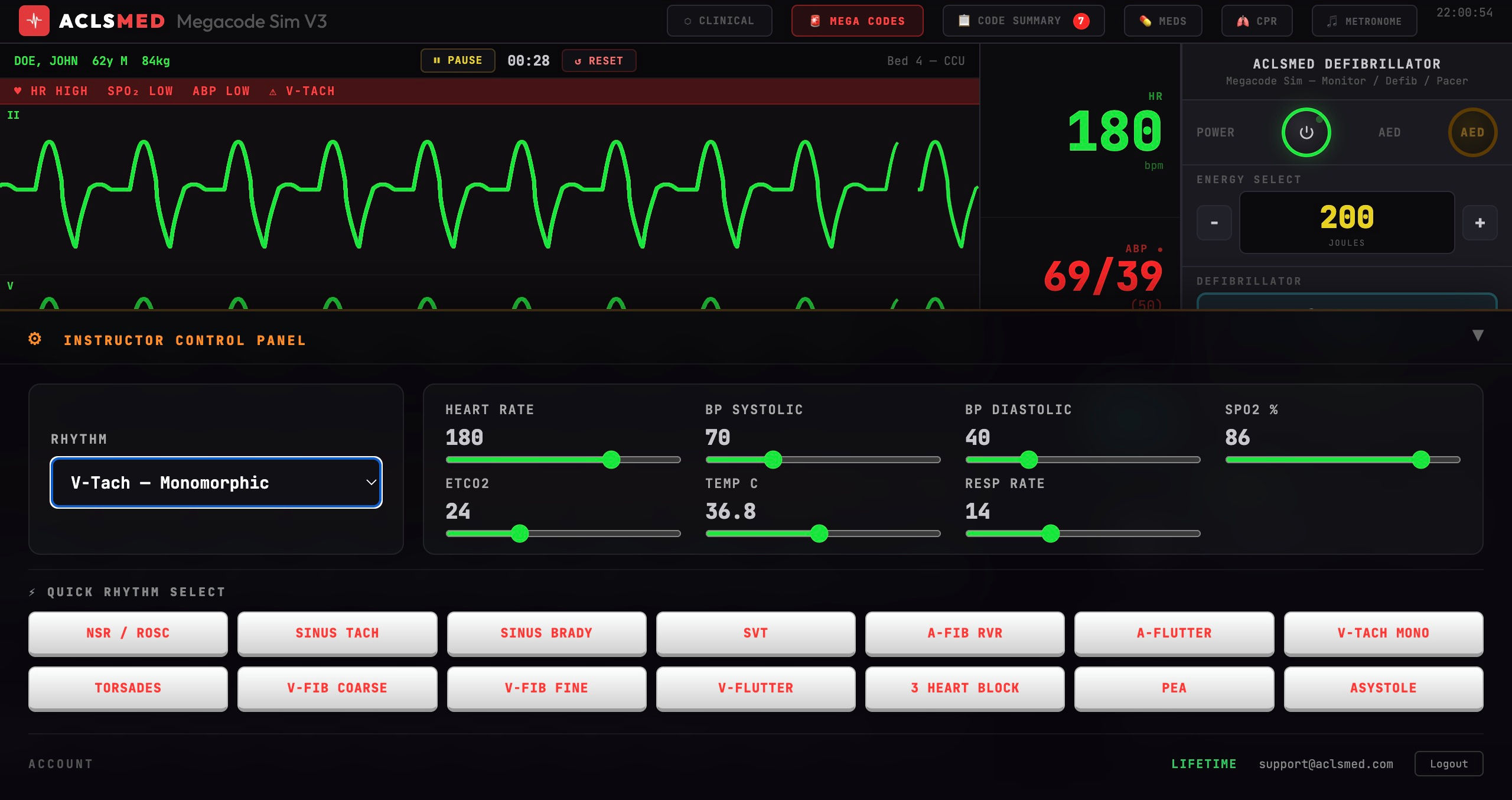 Instructor control panel with rhythm select and vital sign sliders