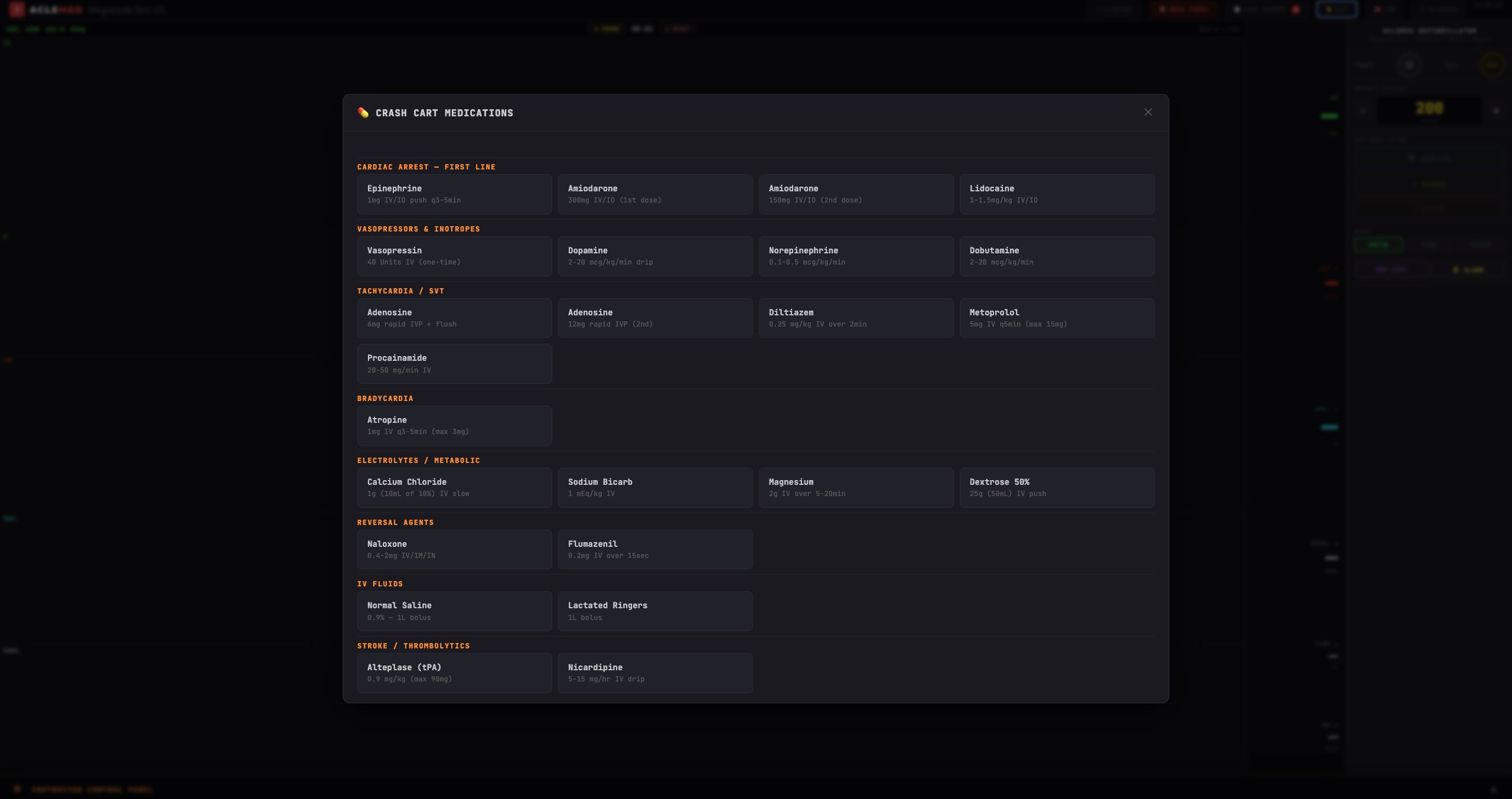 Full crash cart with 20+ medications organized by category