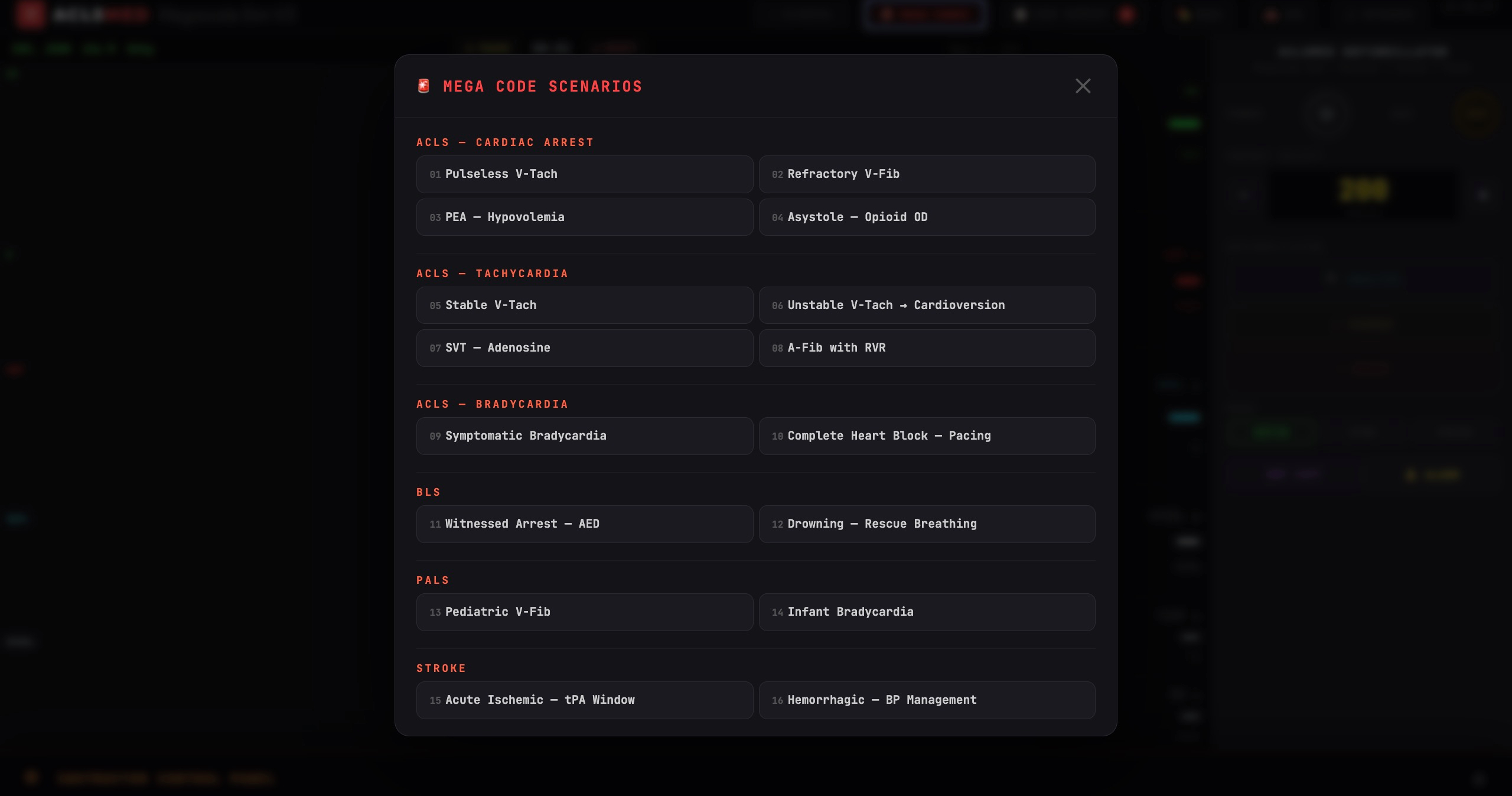 16 mega code scenarios covering ACLS, BLS, PALS, and Stroke