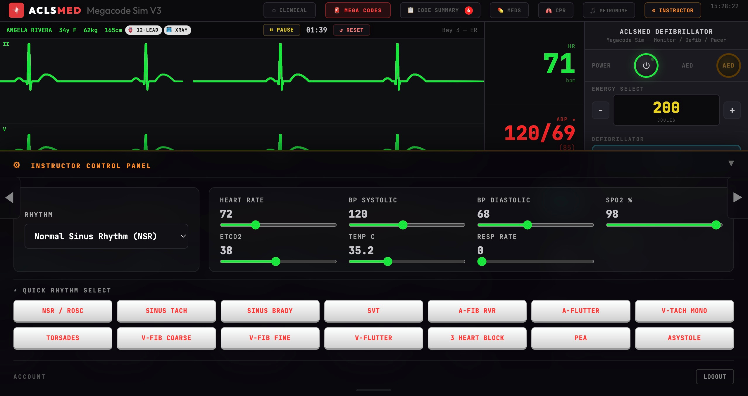 ACLSmed Megacode Simulator — live defibrillator monitor with ECG waveforms, vitals, instructor control panel, and quick-rhythm selector