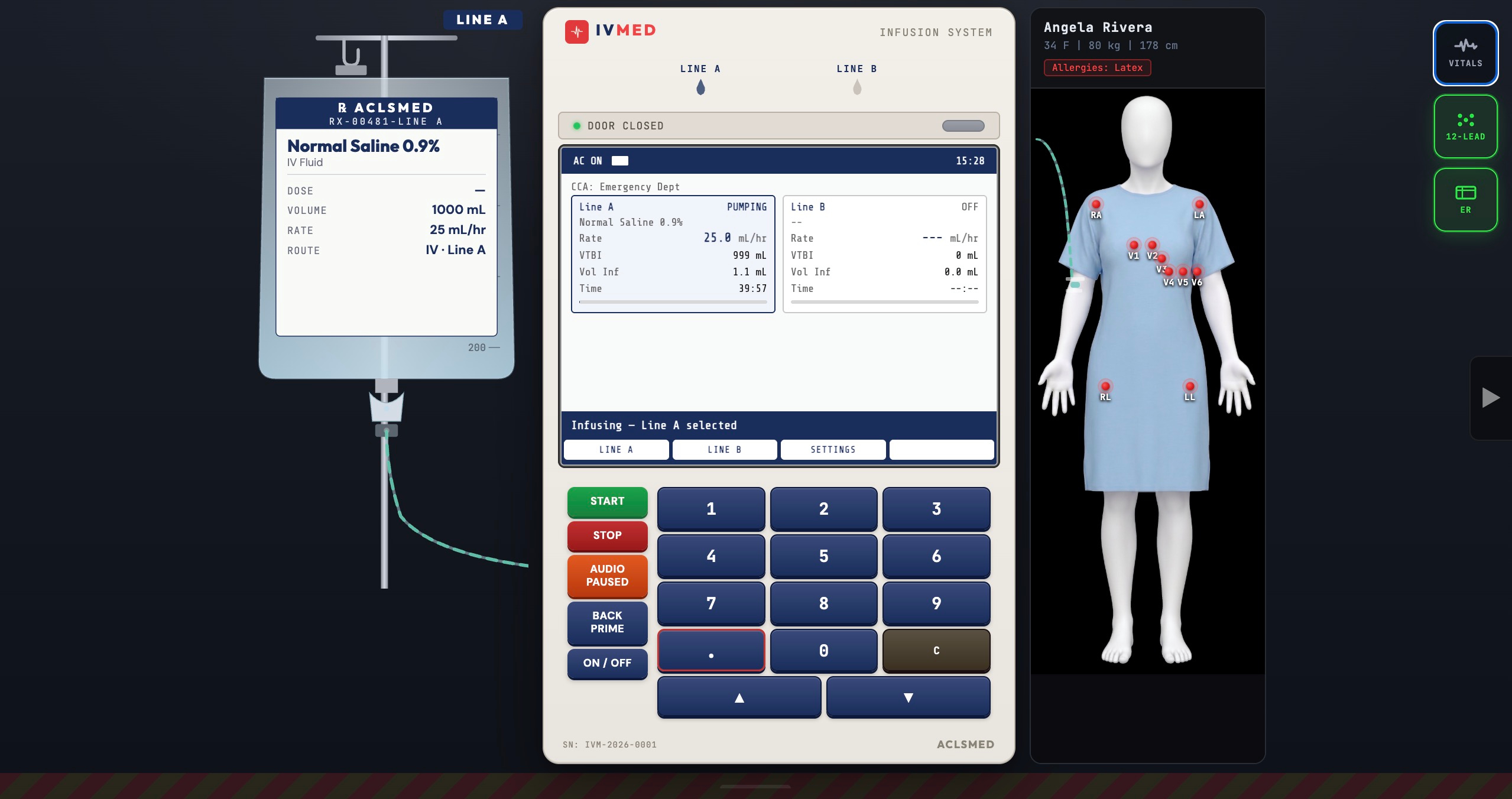 IVmed Infusion Pump — visual IV bag with RX label, dual-line concurrent/piggyback delivery, patient avatar with 12-lead placement