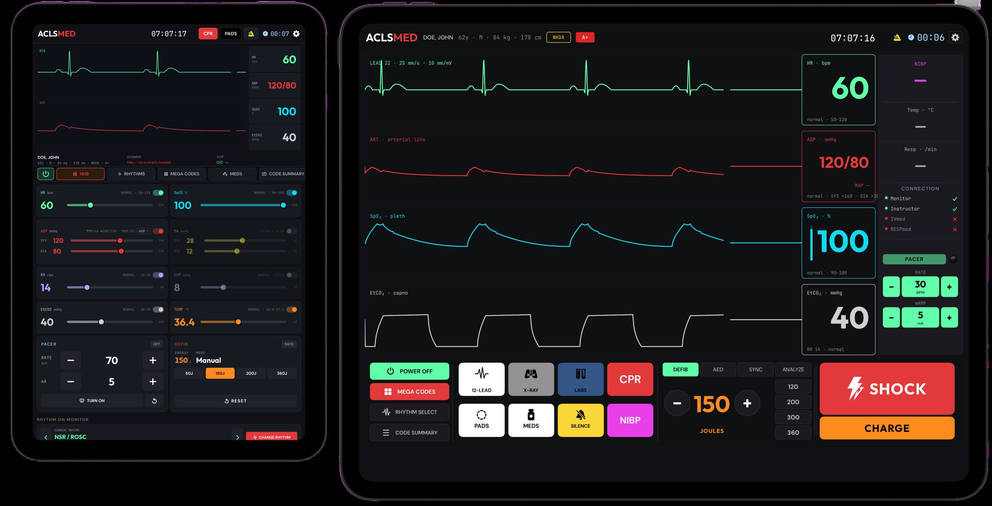 ACLSmed Remote — instructor controller paired with the bedside monitor, full vitals/pacer/defib panel for live scenario control