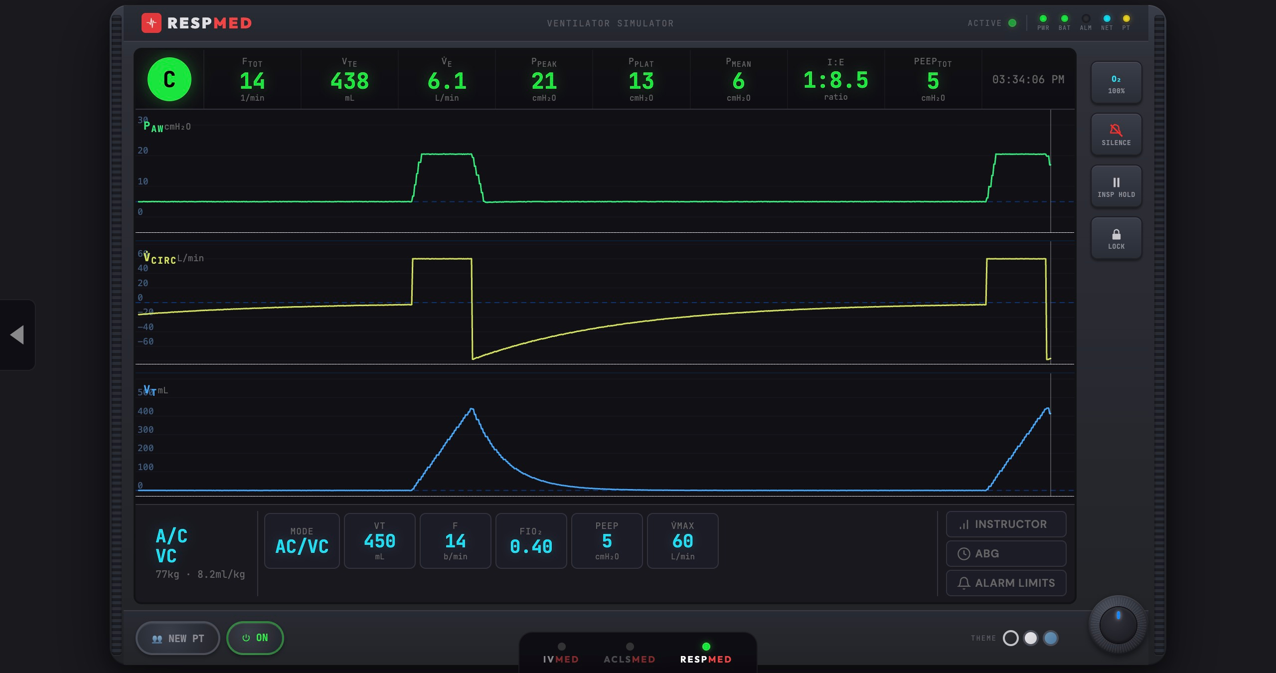 RESPmed Ventilator Simulator — pressure, flow, and volume waveforms with 9 vent modes, physical chrome bezel, and LED status strip